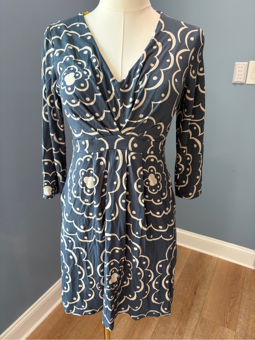 Boden Floral Wrap Jersey Dress Navy Cream 3/4 Sleeve US 6P UK 10P
